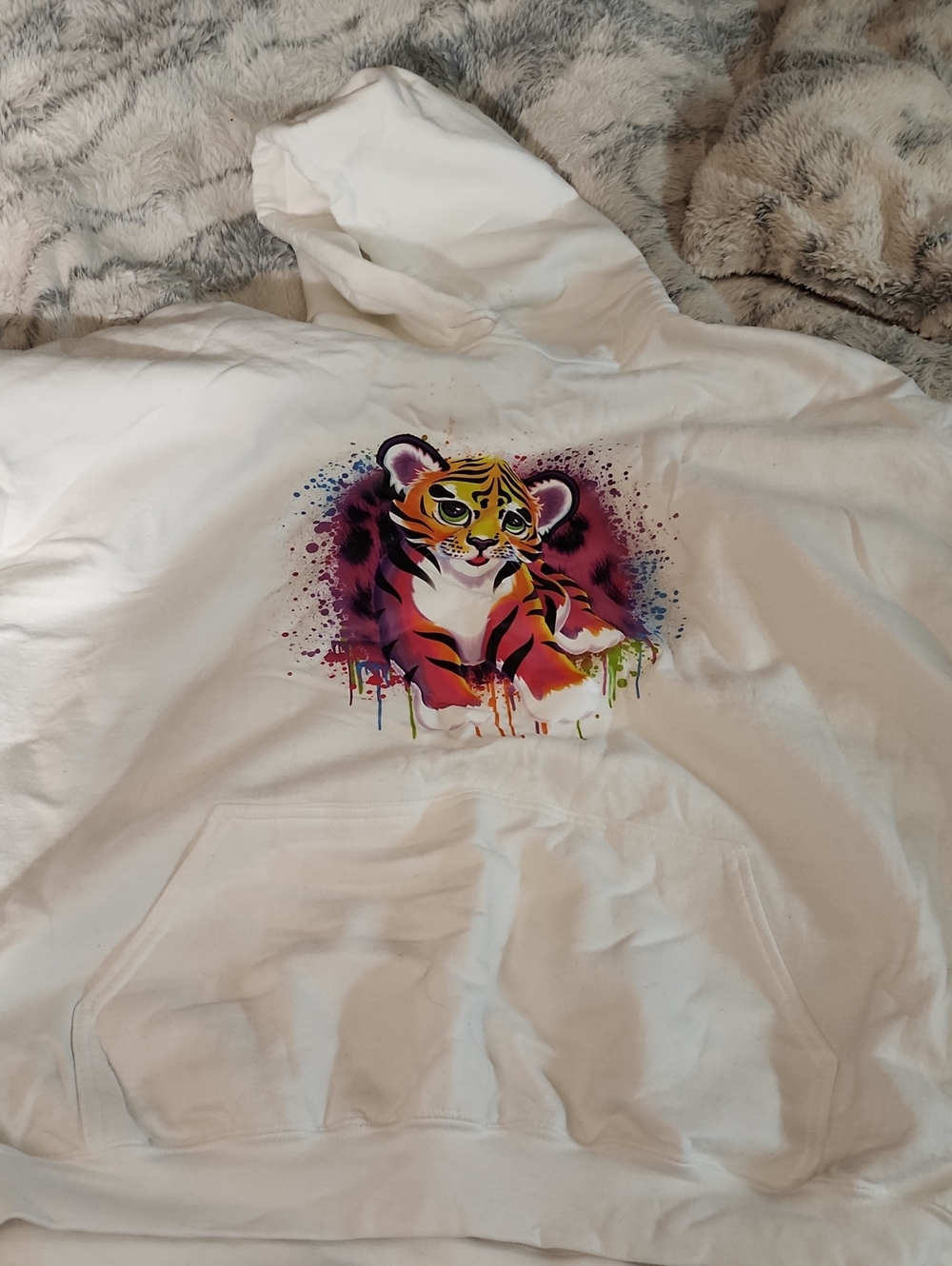White Womens Hoodie with Colorful Tiger Graphic